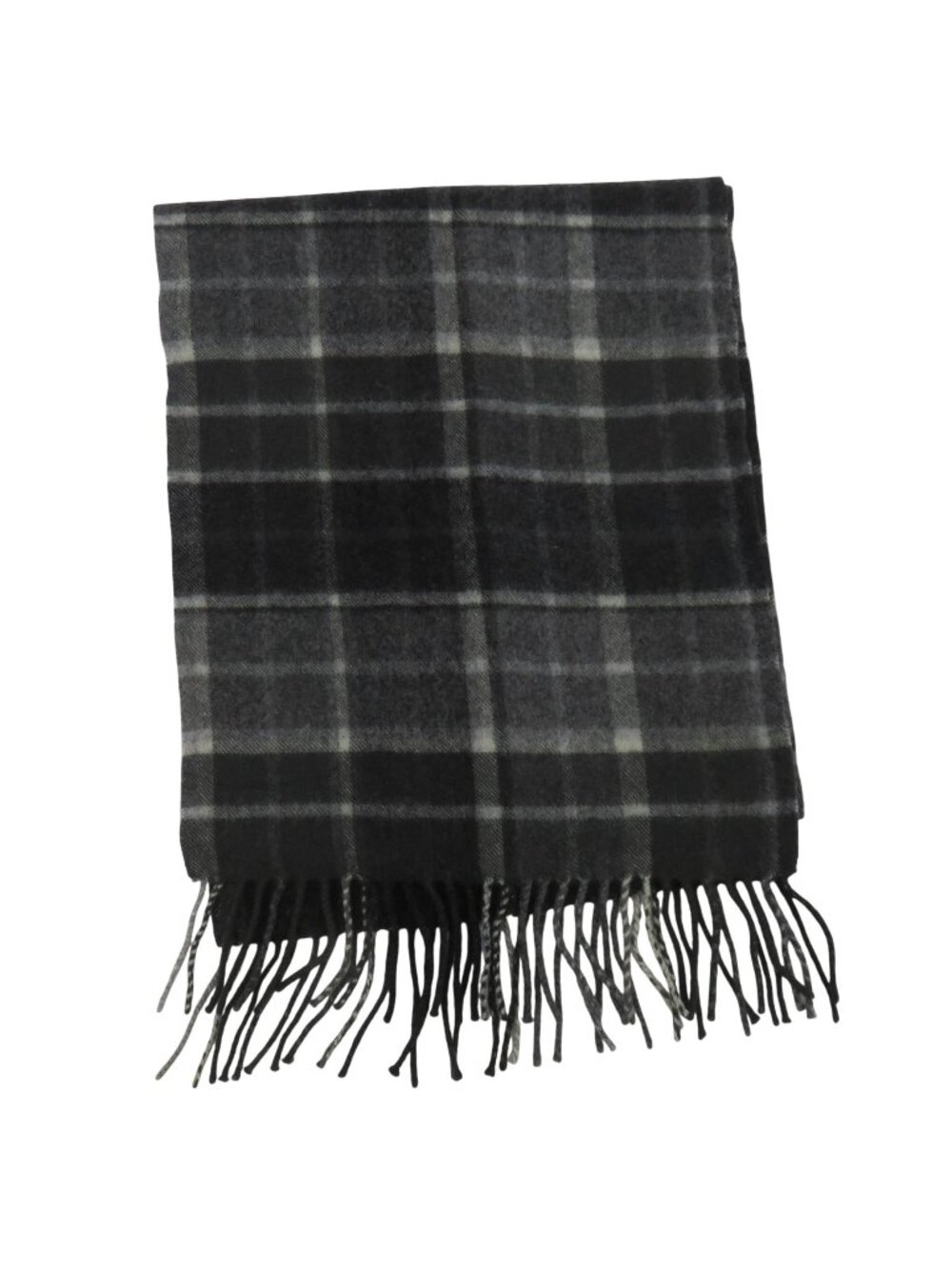 Lochmere Grey Buchanan All Cashmere Scarf Black Tartan Check Plaid Fringe Trim